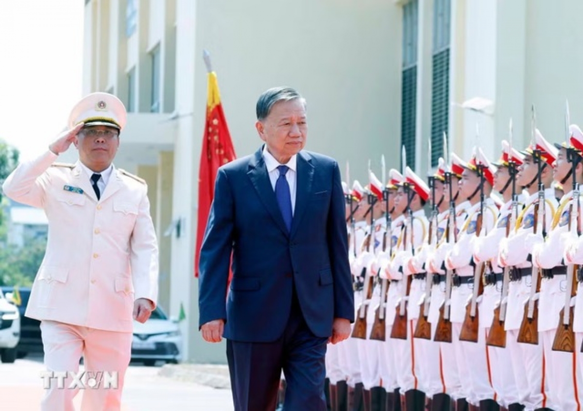 Tổng Bí thư, Chủ tịch nước Tô Lâm đến thăm, làm việc tại Học viện Kỹ thuật và Công nghệ an ninh, Bộ Công an - Ảnh: TTXVN