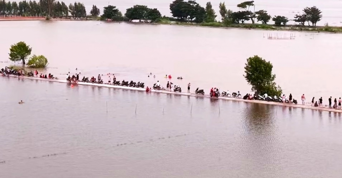 Giữa cánh đồng mênh mông nước, tiếng cười nói, tiếng gọi nhau í ới làm không gian làng quê trở nên rộn ràng. Ảnh: Phan Văn Ánh/VOV ĐBSCL