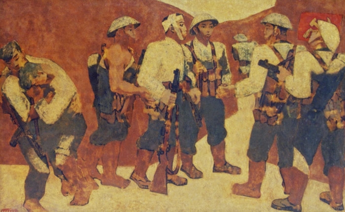 Bảo vật quốc gia tranh sơn mài "Kết nạp Đảng ở Điện Biên Phủ" của danh họa Nguyễn Sáng. Ảnh: Bảo tàng Mỹ thuật Việt Nam cung cấp.