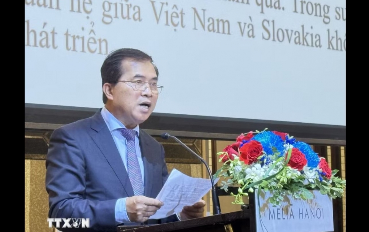 Chủ tịch Hội Hữu nghị Việt Nam-Slovakia, ông Lê Quang Hùng phát biểu tại buổi gặp. Ảnh: Hải Ngọc/TTXVN