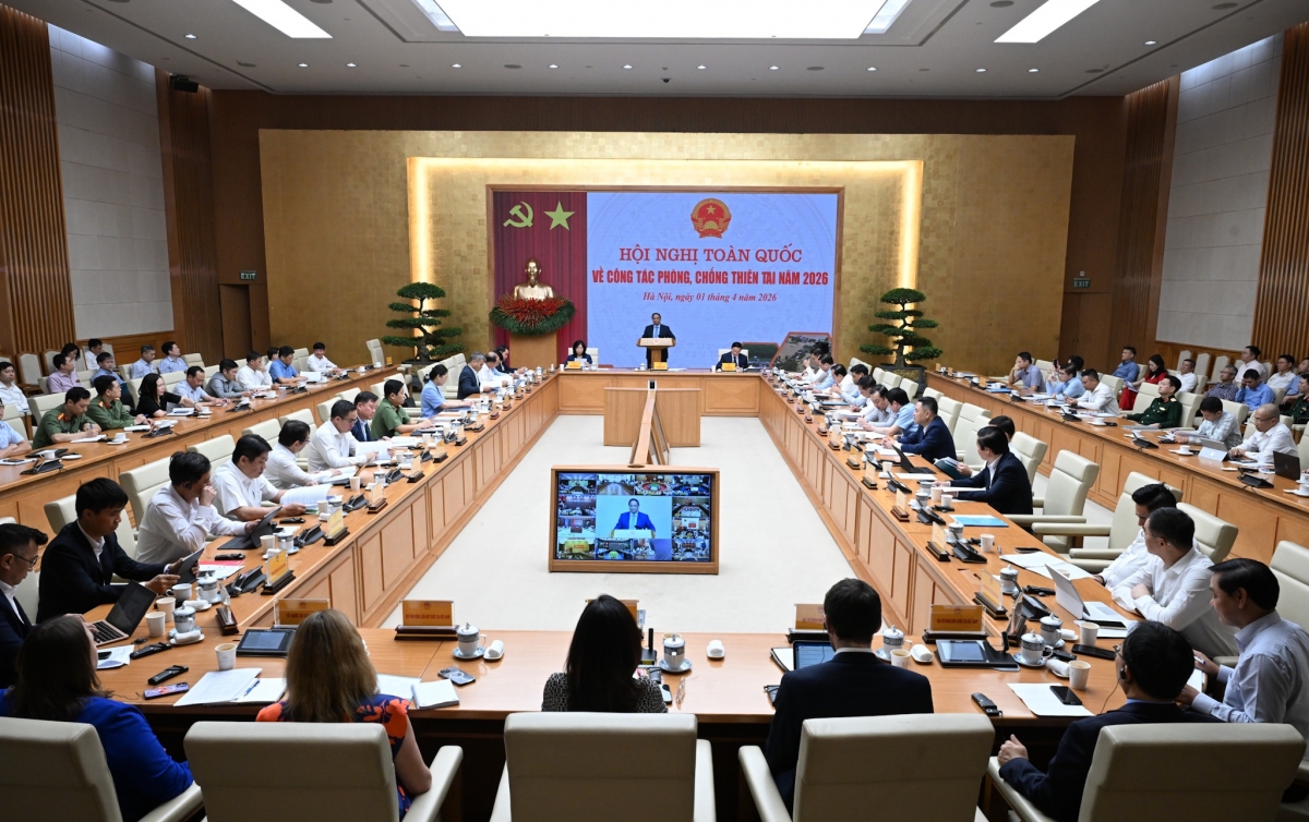 Prime Minister Pham Minh Chinh chairs the National Confernce on Disaster Prevention and Control Work 2026. (Photo: VOV)