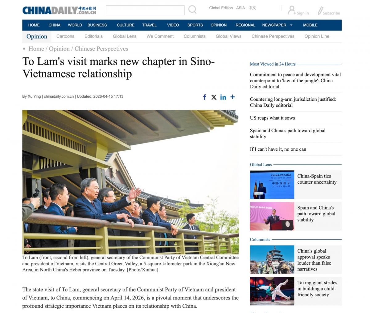 China Daily đưa tin về hoạt động của Tổng Bí thư, Chủ tịch nước Tô Lâm.<br>
Ảnh chụp màn hình