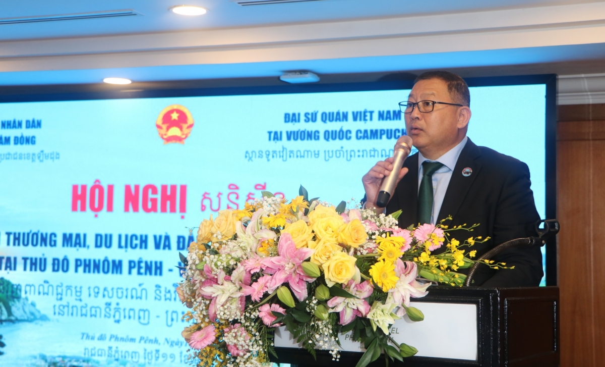 Quốc vụ khanh Bộ Thương mại Campuchia Pen Sovicheat phát biểu tại hội nghị. Ảnh: VOV-Phnom Penh/TT Campuchia