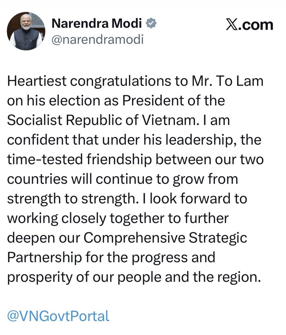 Thủ tướng Ấn Độ đăng dòng trạng thái chúc mừng. Ảnh chụp màn hình: PV/VOV-New Delhi