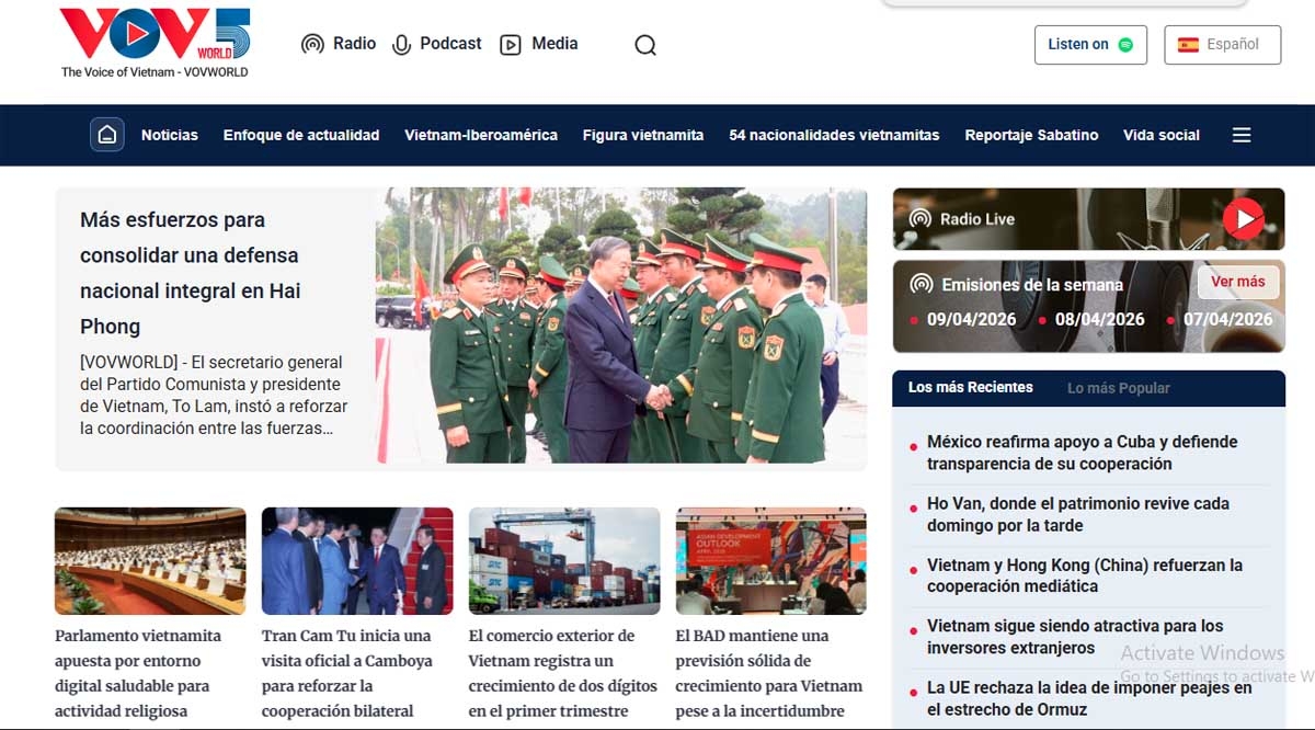 Nueva interfaz del sitio web del Servicio en Español del Canal Internacional de la Voz de Vietnam.