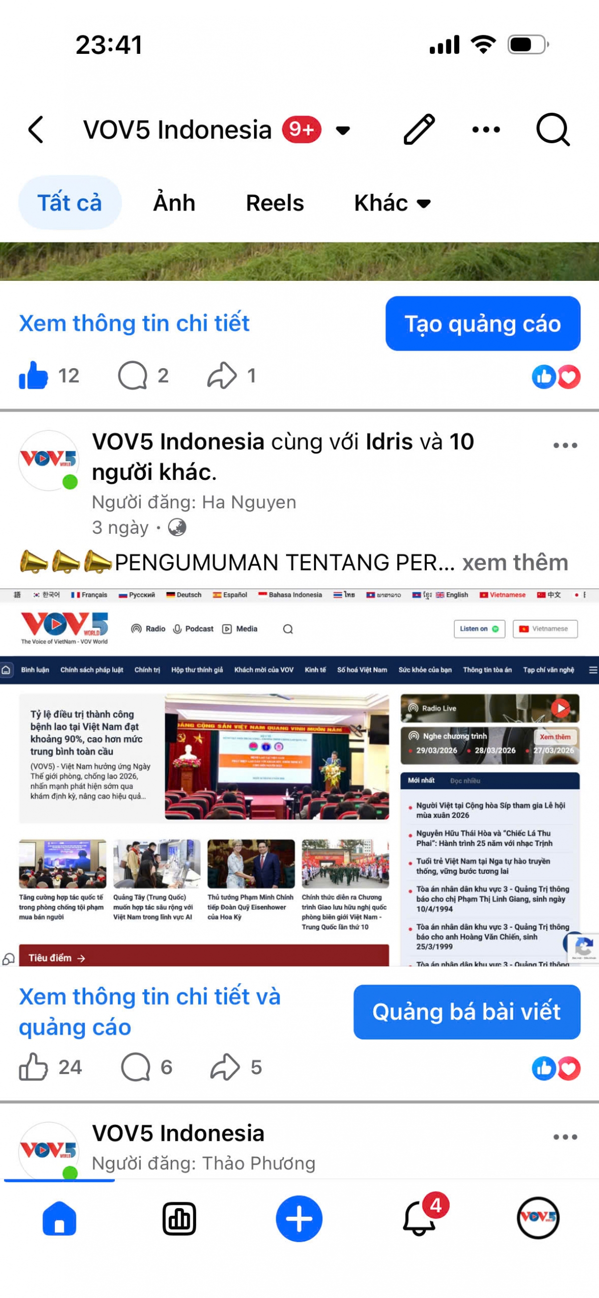 Foto layar Fanpage VOV Indonesia mengenai pengumuman situas web VOV5 yang baru 
