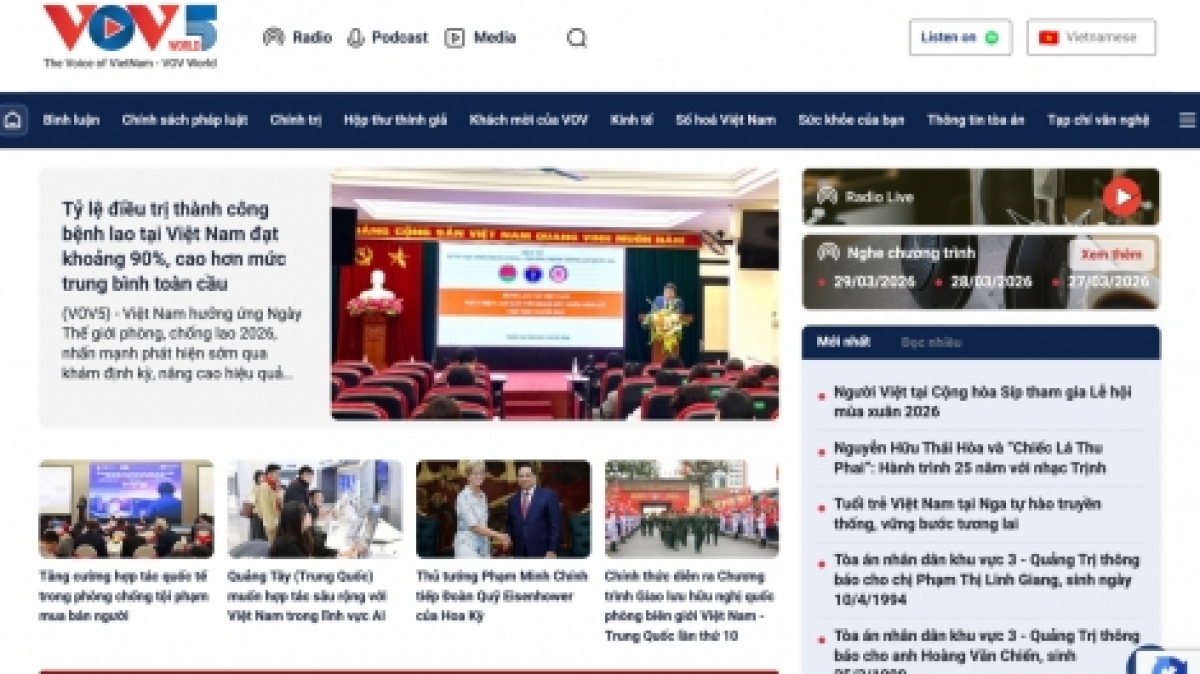 VOV5  ปรับเปลี่ยนอินเทอร์เฟซใหม่ของเว็บไซต์ <a href="https://www.google.com/url?sa=E&amp;q=https%3A%2F%2Fvovworld.vn%2F" target="_blank">https://vovworld.vn/</a> นับตั้งแต่วันที่ 1 เมษายน 2026 