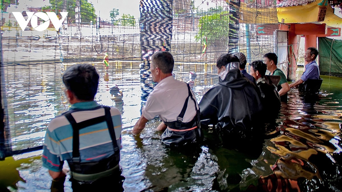 Các nghệ nhân điều khiển rối sau tấm mành tre, tái hiện sinh động những tích trò dân gian trên mặt nước.
