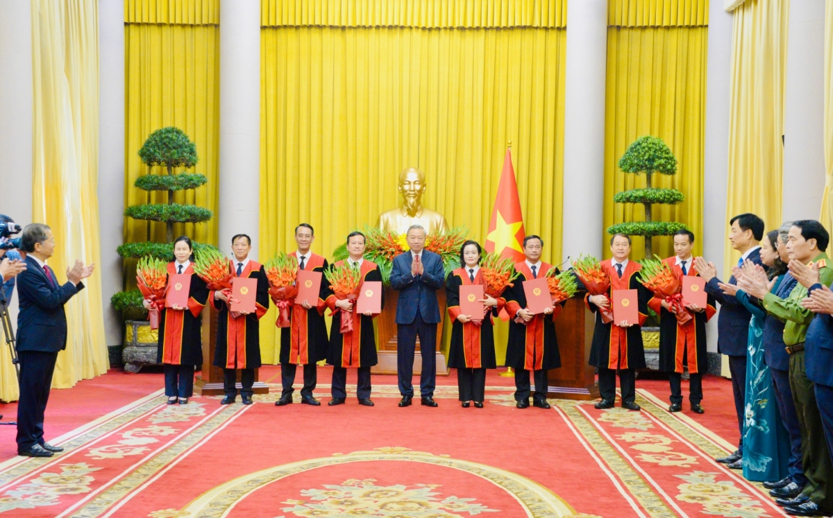 Tổng Bí thư, Chủ tịch nước Tô Lâm trao Quyết định bổ nhiệm chức danh Thẩm phán Toà án Nhân dân Tối cao cho các thẩm phán. Ảnh: Văn Hiếu/VOV