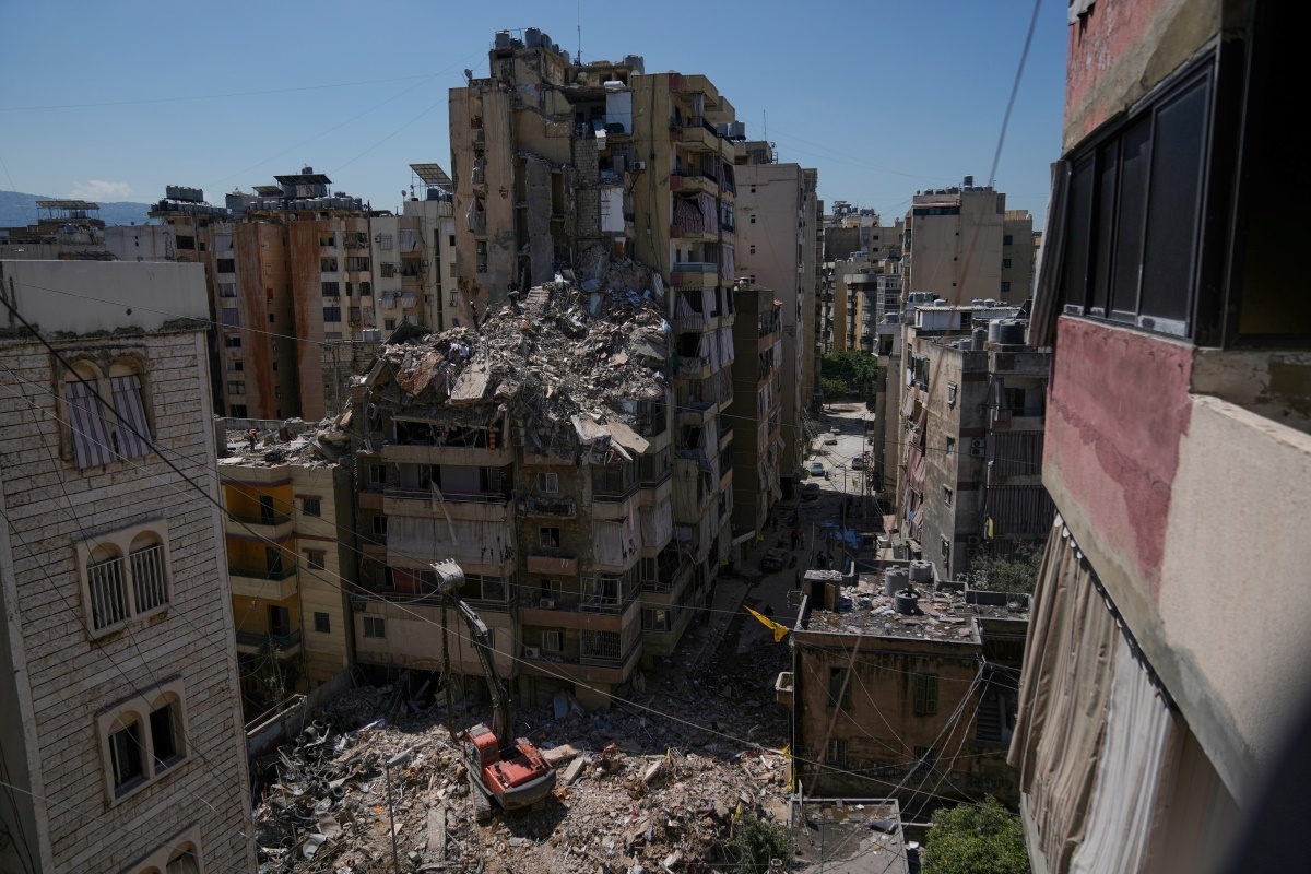 A building destroyed in an Israeli airstrike the previous day in Dahiyeh, Beirut's southern suburbs, Lebanon, Thursday, May 7, 2026. Photo: AP/Bilal Hussein