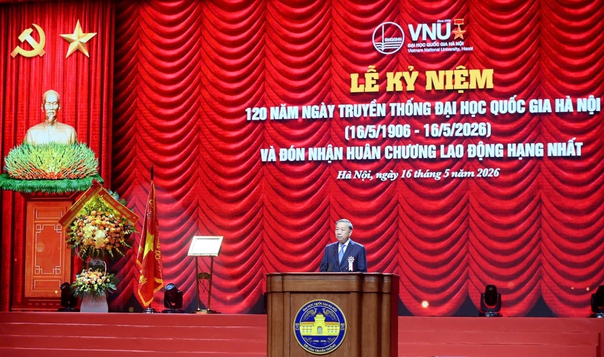 General Secretary and President To Lam speaks at the 120th anniversary celebration of the Vietnam National University, Hanoi. (Photo: Van Hieu/VOV)