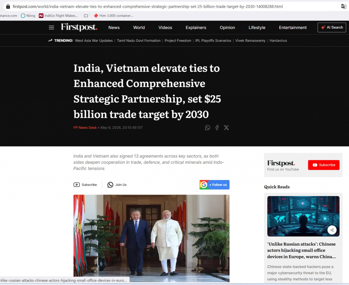 Indian media report on Party General Secretary and State President To Lam's state visit to India. (Photo: screenshot)