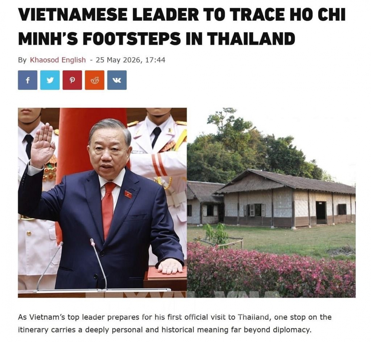 Ảnh chụp bài báo “Nhà lãnh đạo Việt Nam theo dấu chân Chủ tịch Hồ Chí Minh tại Thái Lan” của báo Khaosod English ngày 25/5. Ảnh: TTXVN