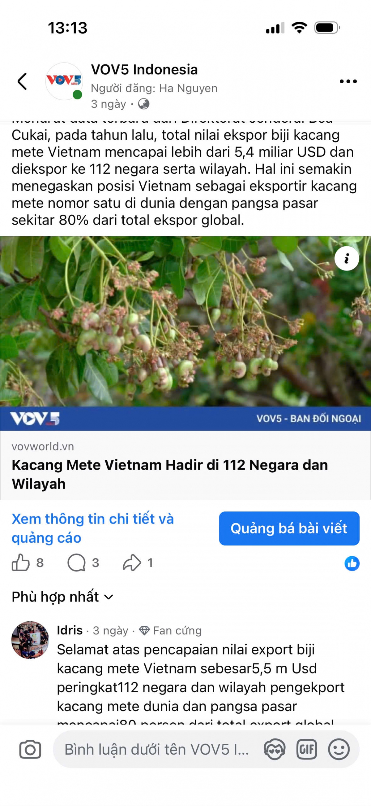 Foto layar Fanpage VOV5 Indonesia