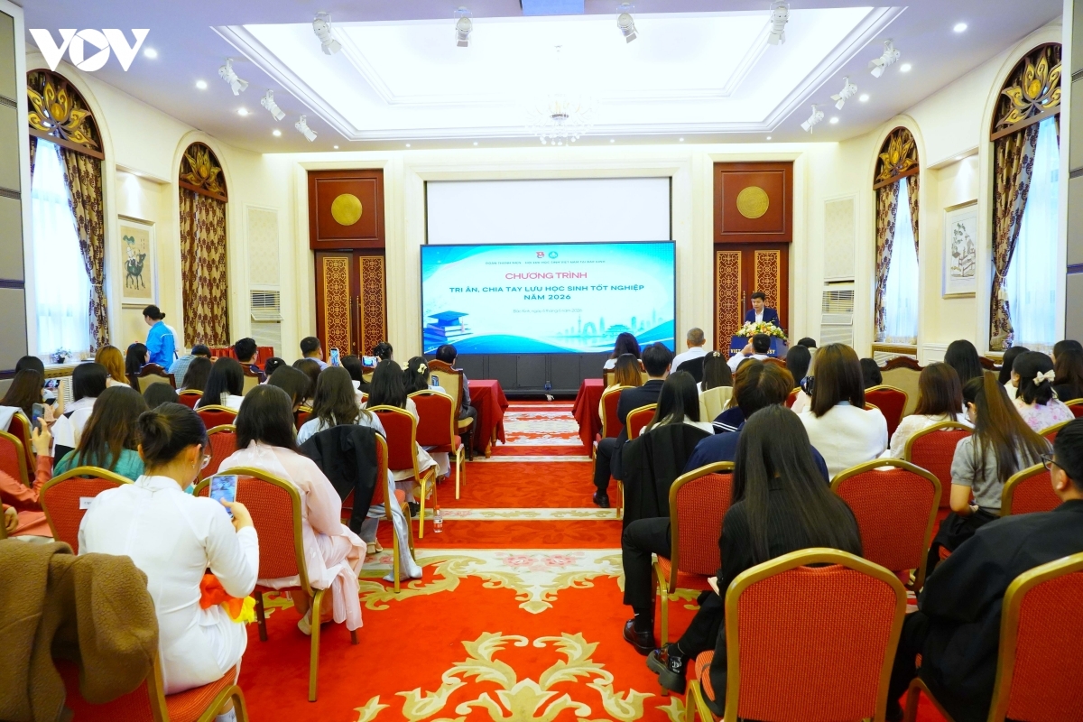 Chương trình tri ân, chia tay các bạn lưu học sinh tốt nghiệp năm 2026 được tổ chức tại Đại sứ quán Việt Nam tại Trung Quốc. Ảnh: VOV