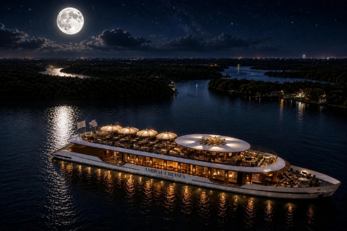 Graphic image of the Amiral Cruises for Presidents on the Sai Gon river