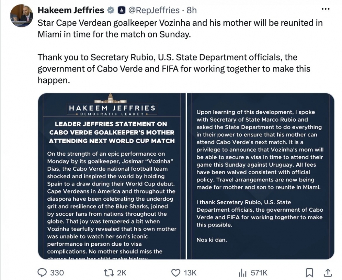 アメリカ下院の民主党トップ、ハキーム・ジェフリーズ院内総務がX（旧Twitter）に投稿した声明