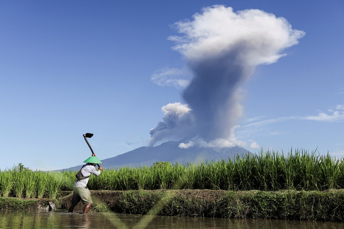 Seorang petani sedang bekerja di sawah ketika Gunung Marapi memuntahkan abu vulkanik, terlihat dari Batusangkar di Tanah Datar, Sumatera Barat, Indonesia, pada 30 Mei 2026. Foto: Reuters/Atet Dwi Pramadia.