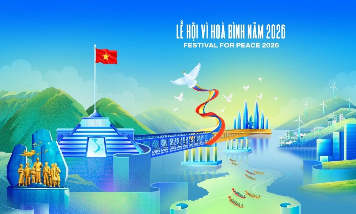 L’identité visuelle du festival représente une rivière, des rizières, des maisons, des éoliennes et un site du patrimoine mondial, symboles du développement et de l’avenir de la province de Quảng Trị. Photo: Comité d’organisation