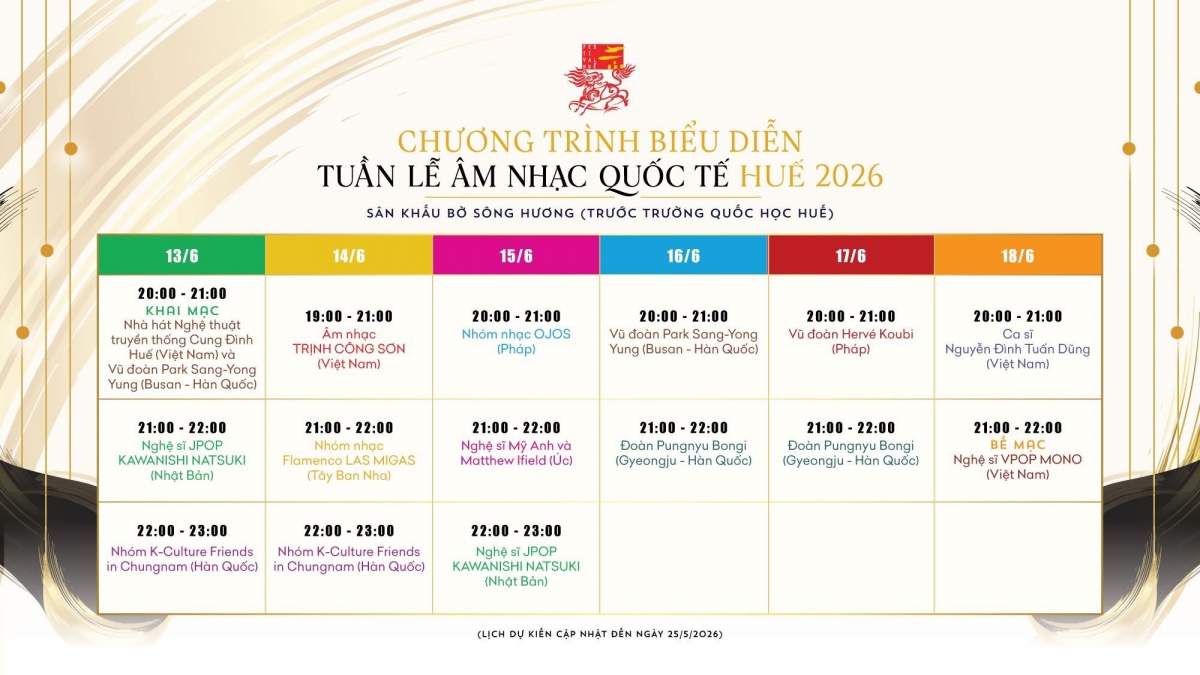 '2026 후에 국제 음악 주간' 공연 일정 (사진: Net Hue의 공식 페이스복)