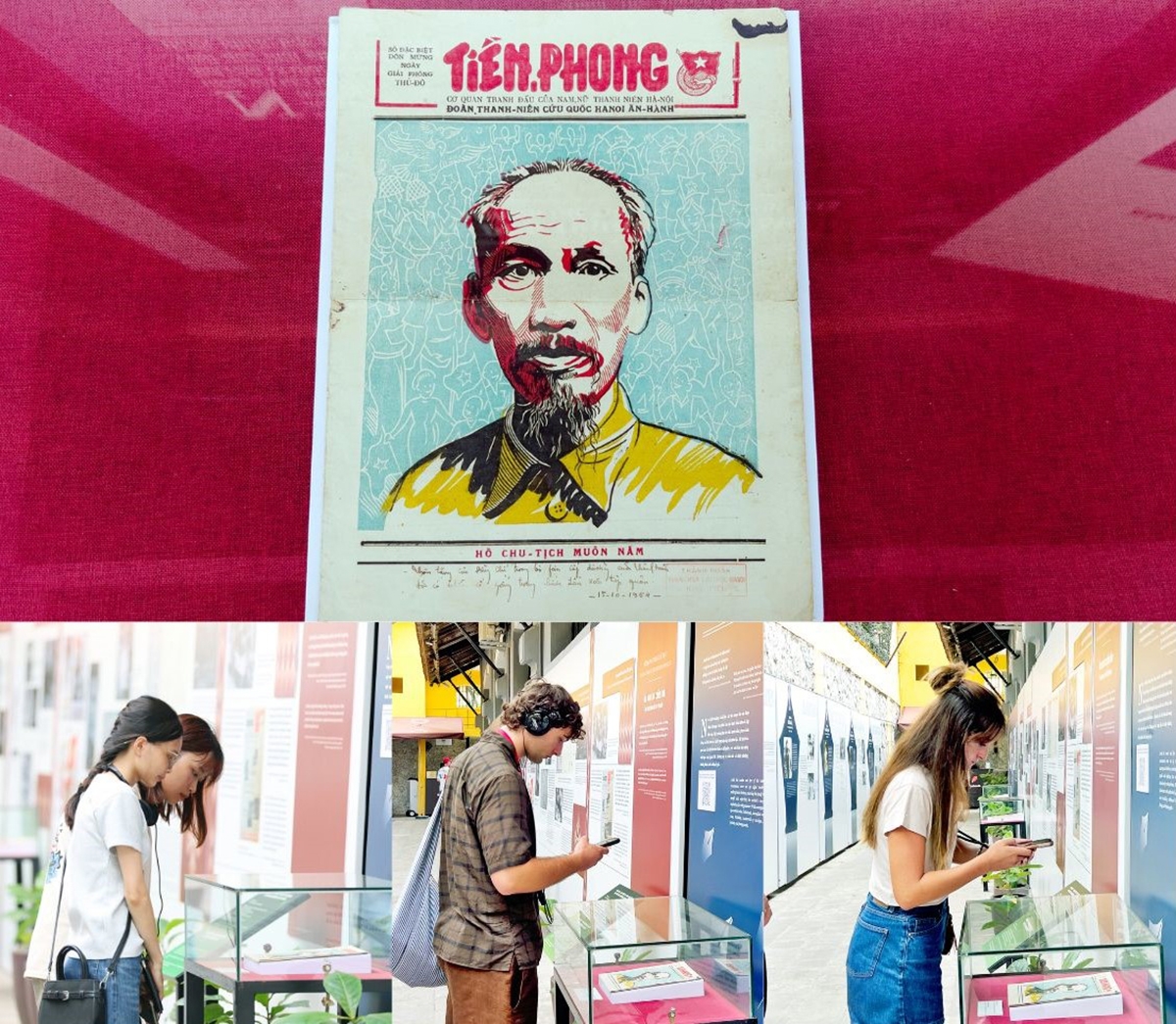 많은 국내외 관람객들이 1954년 10월 수도 하노이 해방의 날을 기념하여 발간된 ‘띠엔퐁(Tiền Phong, 선봉)’신문의 수도 해방 경축 특별호 표지에 큰 관심을 보이고 있다.