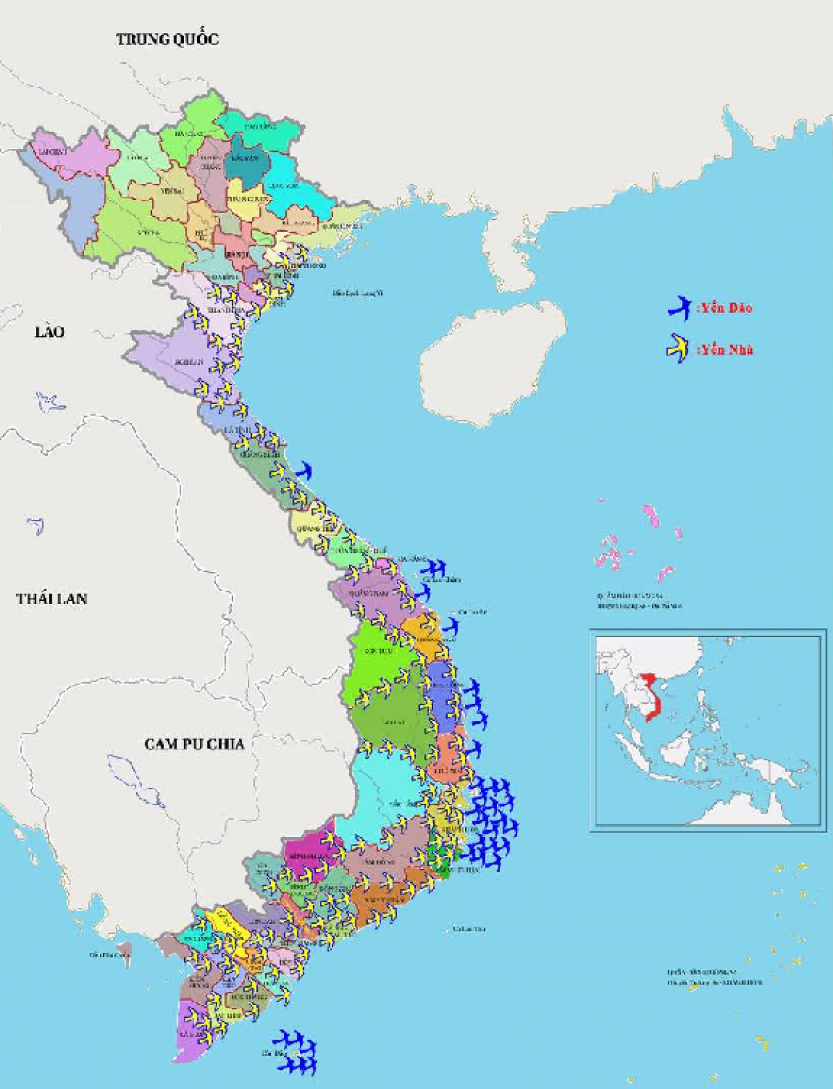 แผนที่เขตเลี้ยงนกนางแอ่นกินรังในเวียดนาม (Tạp chí Người làm báo điện tử)
