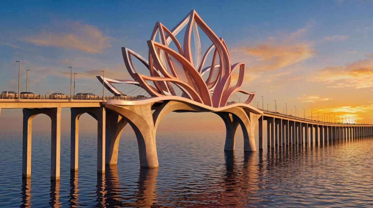 A bridge featuring a lotus flower symbol spans the Can Gio - Vung Tau sea route. (Photo: Lao Dong Newspaper)