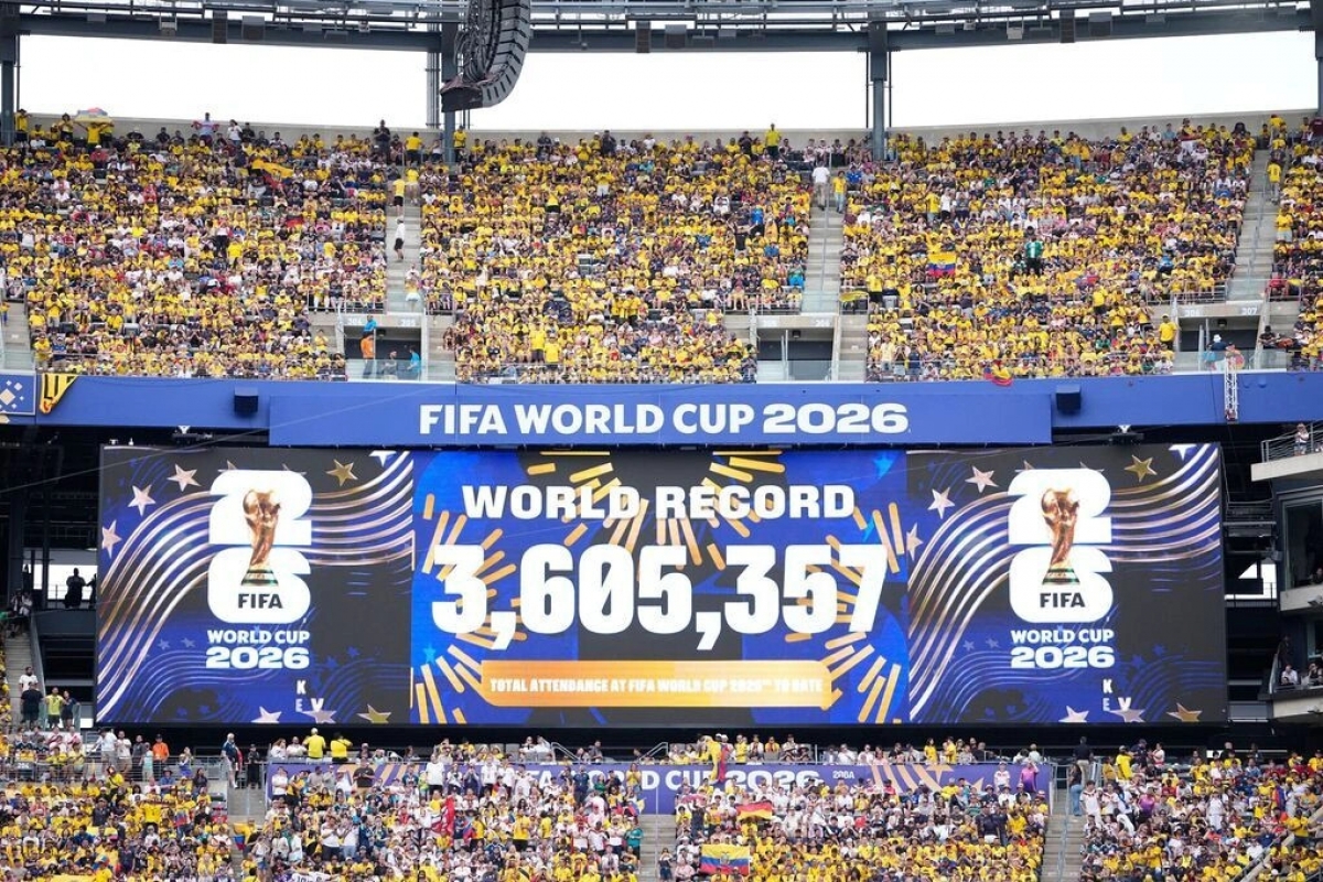 A stadium screen displays the attendance record set at the 2026 FIFA World Cup at New Jersey Stadium in the US. (Photo: Reuters)