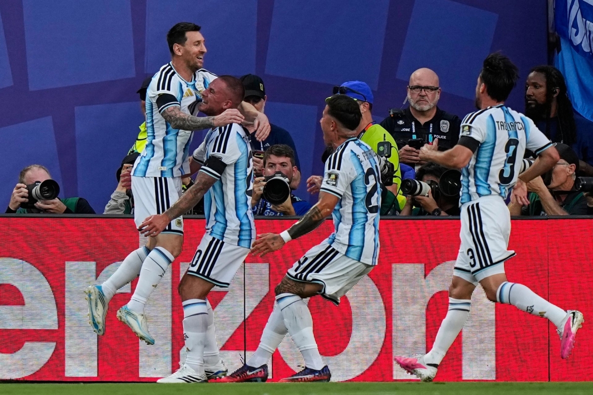 Lionel Messi (left) celebrates with Alexis Mac Allister (second left) after scoring the opening goal in the 10th minute of the 2026 FIFA World Cup quarterfinal against Switzerland at Kansas City Stadium, the United States, on July 11, 2026. (Photo: AP)