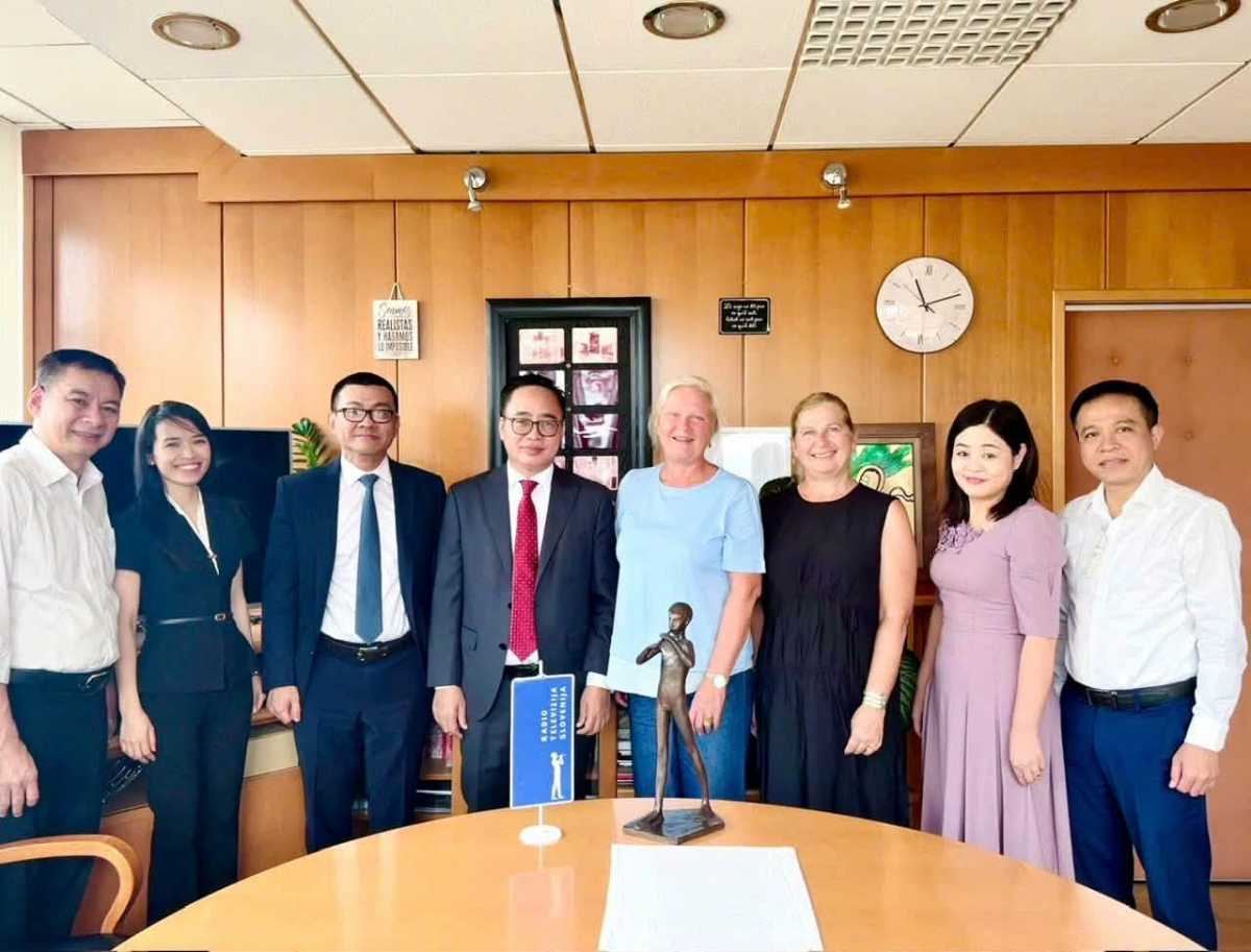 The VOV delegation, led by Vice President Pham Manh Hung (4th from left), poses for a group photo with representatives of RTV Slovenia. <br>
 