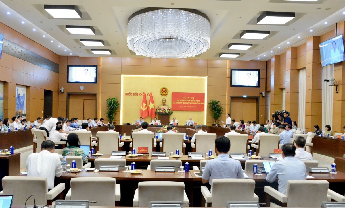 Hội nghị giữa Ban Thường vụ Đảng ủy Quốc hội và Ban Thường vụ Thành ủy Thành phố Hồ Chí Minh về Dự án Luật Phát triển đô thị. Ảnh: Lê Tuyết/VOV