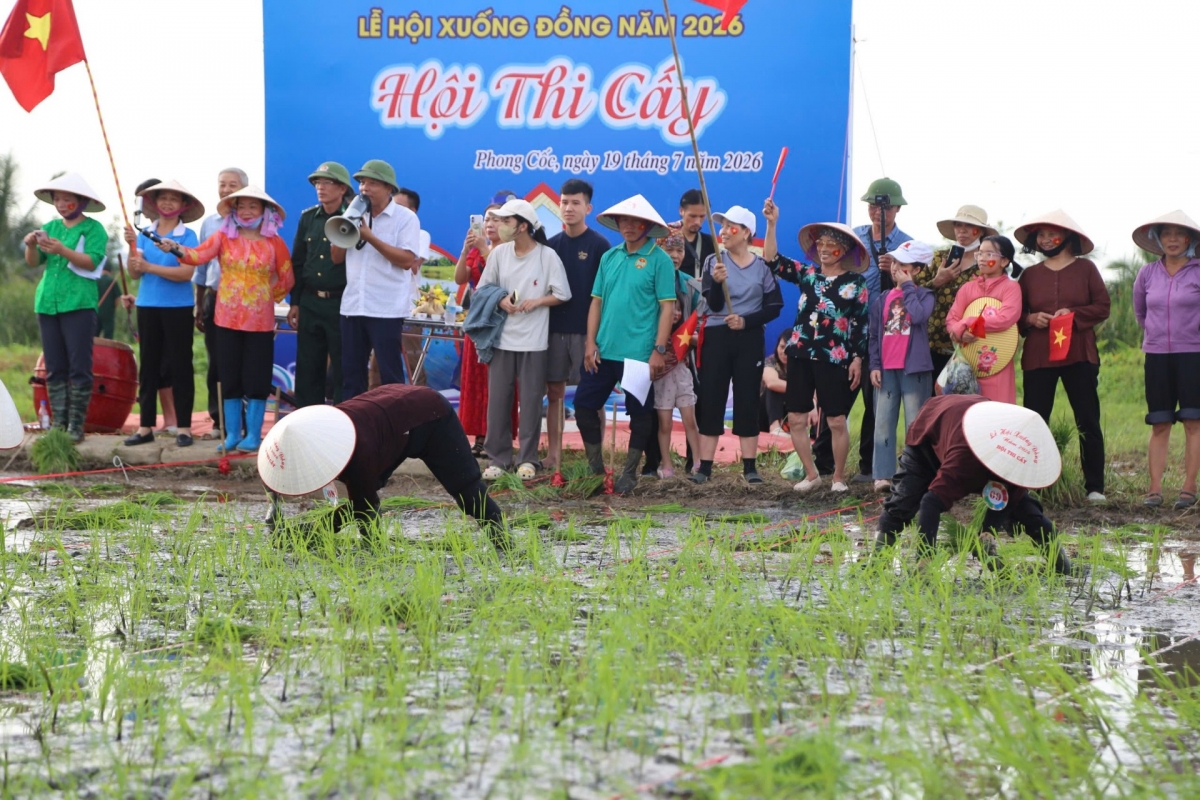Ha Nam islanders participate in a contest held as part of the 2026 Rice Planting Festival. (Photo: VOV) 