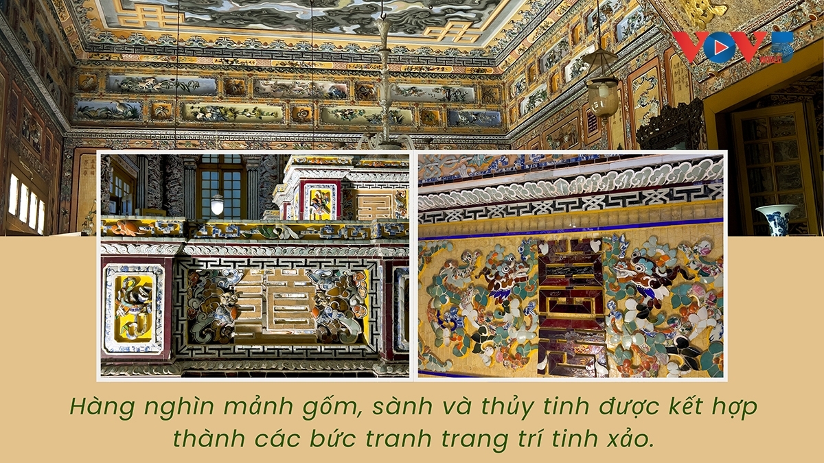 Thousands of pieces of ceramic, porcelain, and glass form intricate mosaic artworks.