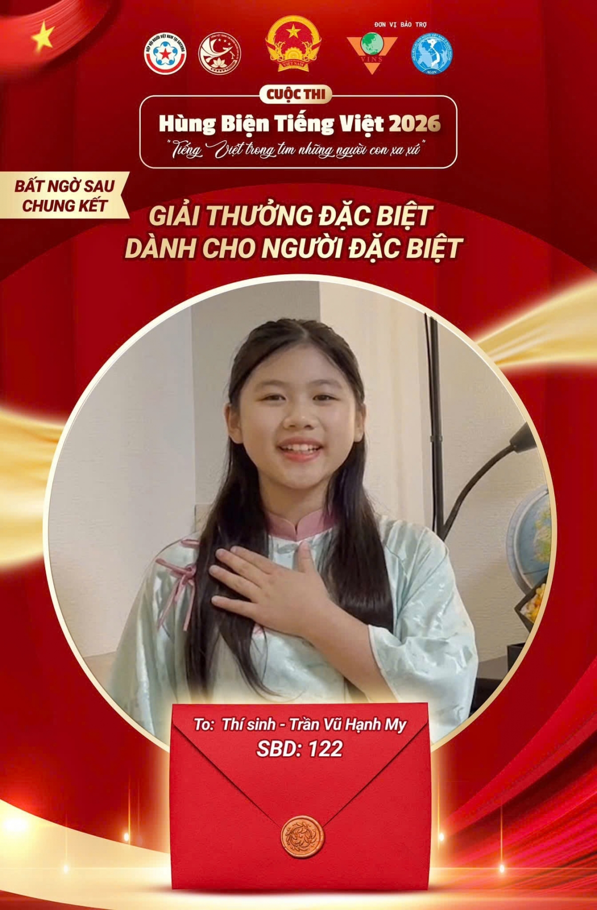 Trần Vũ Hạnh My, 10 tuổi đạt giải Đặc biệt trong cuộc thi Hùng biện tiếng Việt 2026.<br>
Ảnh nvcc
