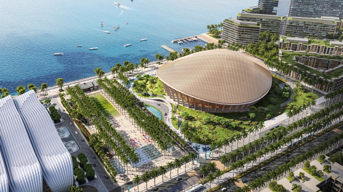 Nhà biểu diễn đa năng bổ sung chiều sâu văn hóa cho cụm công trình phục vụ APEC 2027. Đây là nơi diễn ra các chương trình nghệ thuật, hoạt động giao lưu, lễ đón tiếp và những sự kiện quảng bá hình ảnh Việt Nam tới bạn bè quốc tế. Phối cảnh Nhà biểu diễn đa năng - Nhà hát APEC.