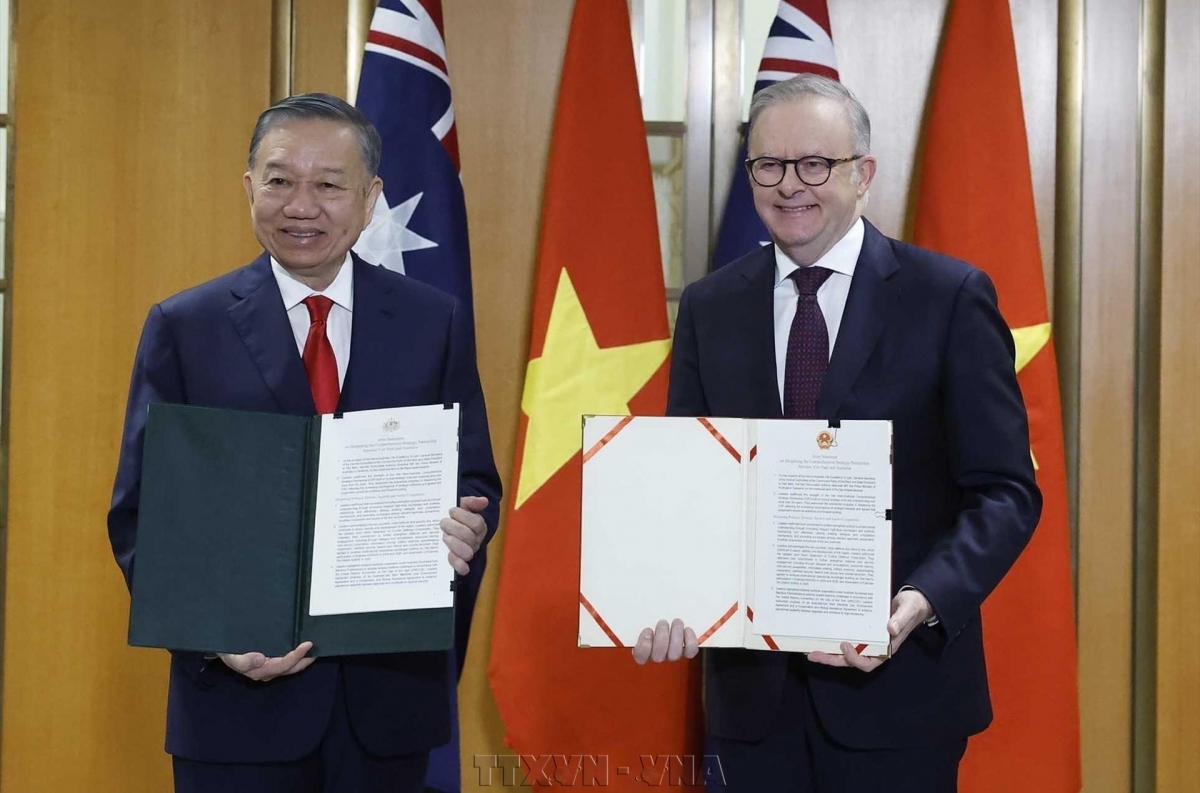 トー・ラム書記長・国家主席とオーストラリアのアンソニー・アルバニージー首相が共同声明を交換（写真：Thống Nhất/TTXVN）
