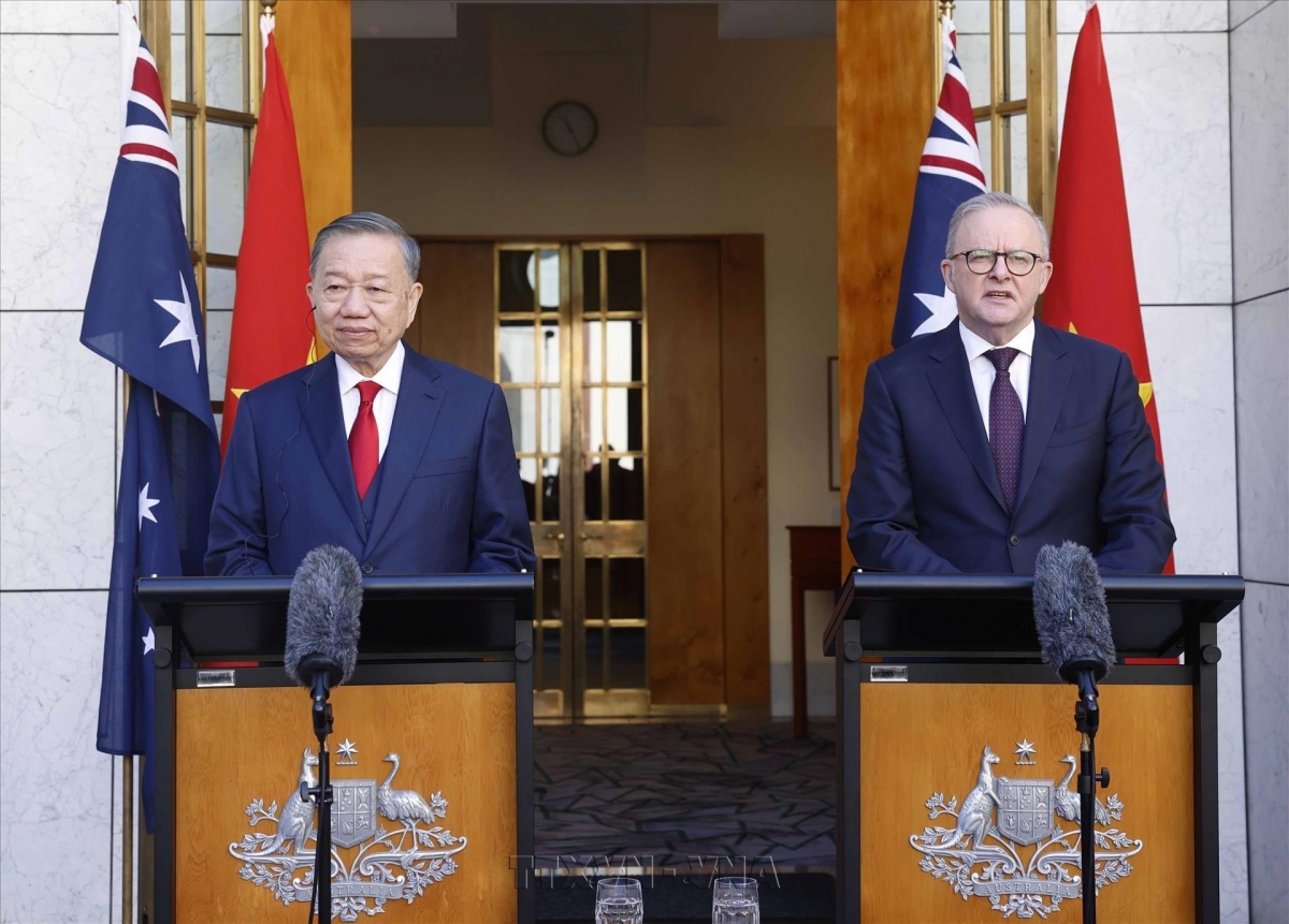 Party leader and President To Lam and Australian Prime Minister Anthony Albanese at a joint press conference in Canberra, Australia, August 11, 2026 (Photo: VNA/Thong Nhat)