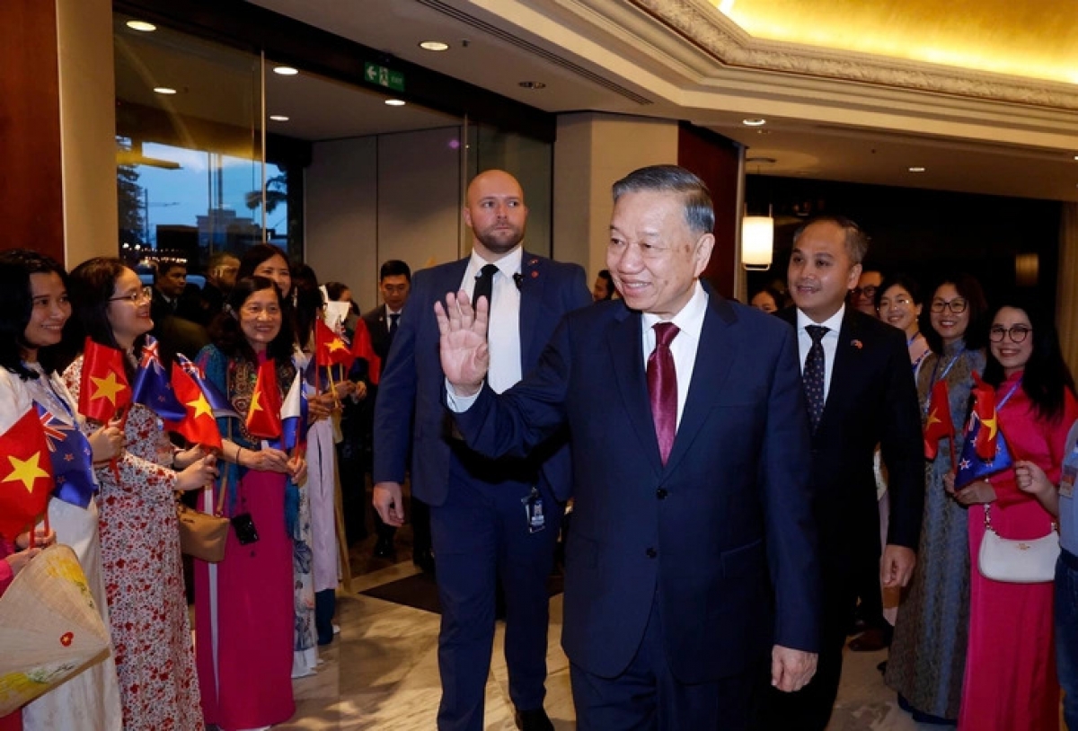 Embassy staff and representatives of the Vietnamese community in New Zealand welcome Party General Secretary and State President To Lam, August 12, 2026. (Photo: VNA)