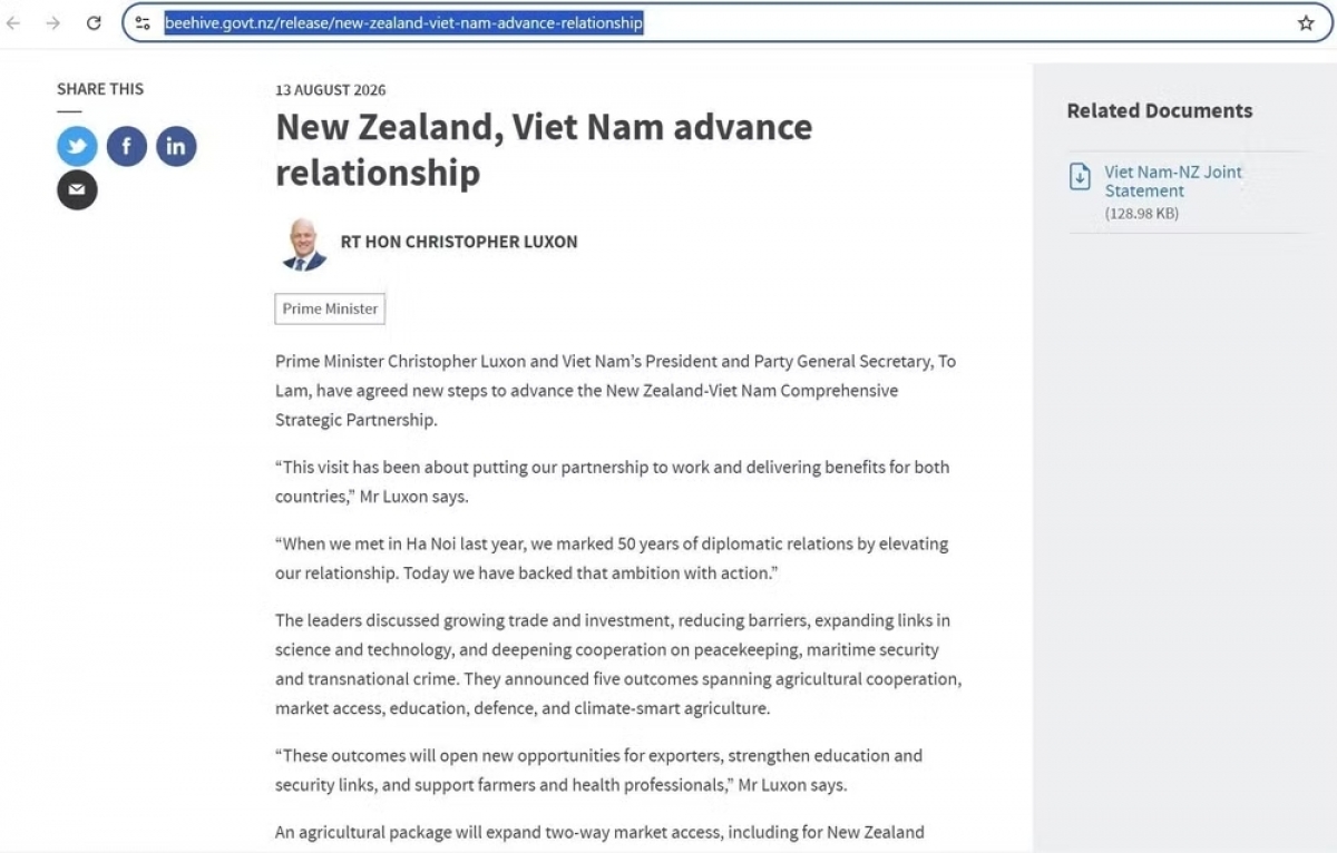 Trang tin của Chính phủ New Zealand https://www.beehive.govt.nz. Ảnh: TTXVN