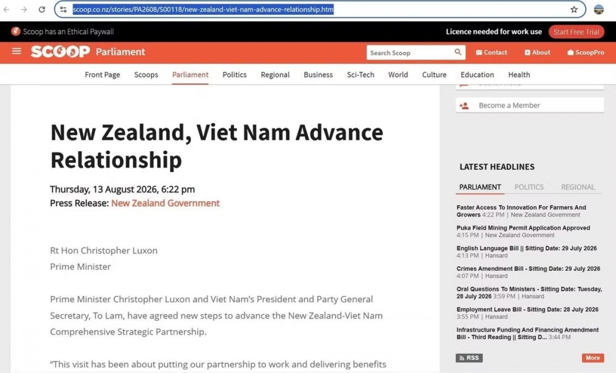 Tờ báo mạng Scoop của New Zealand. Ảnh: TTXVN
