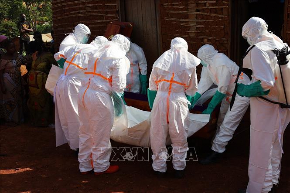 コンゴ民主共和国イトゥリ州モングワルで、エボラ出血熱患者の遺体を搬送する医療従事者（写真：THX/TTXVN）