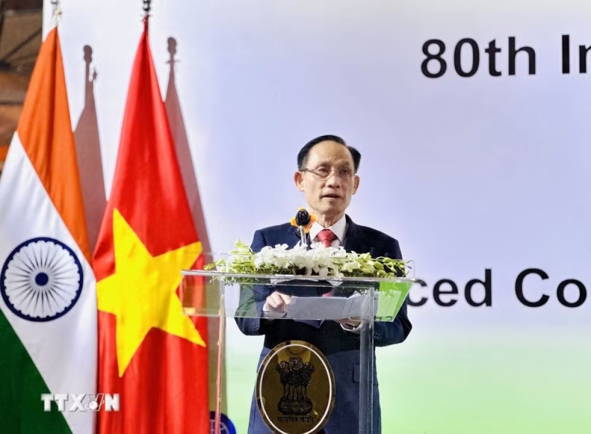 Ủy viên Bộ Chính trị, Bộ trưởng Ngoại giao Lê Hoài Trung phát biểu. Ảnh: Việt Đức/TTXVN