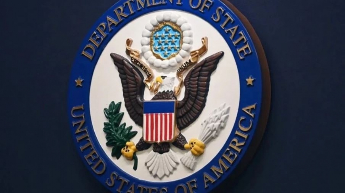 Le sceau du Département d'État américain décorant le pupitre lors d'une conférence de presse dans cette agence à Washington. Photo d'archives: Mandel Ngan/Pool/AP