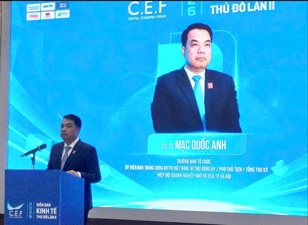 Professor Mac Quoc Anh, Vizevorsitzender und Generalsekretär von HANOISME, hält eine Rede auf dem Forum.