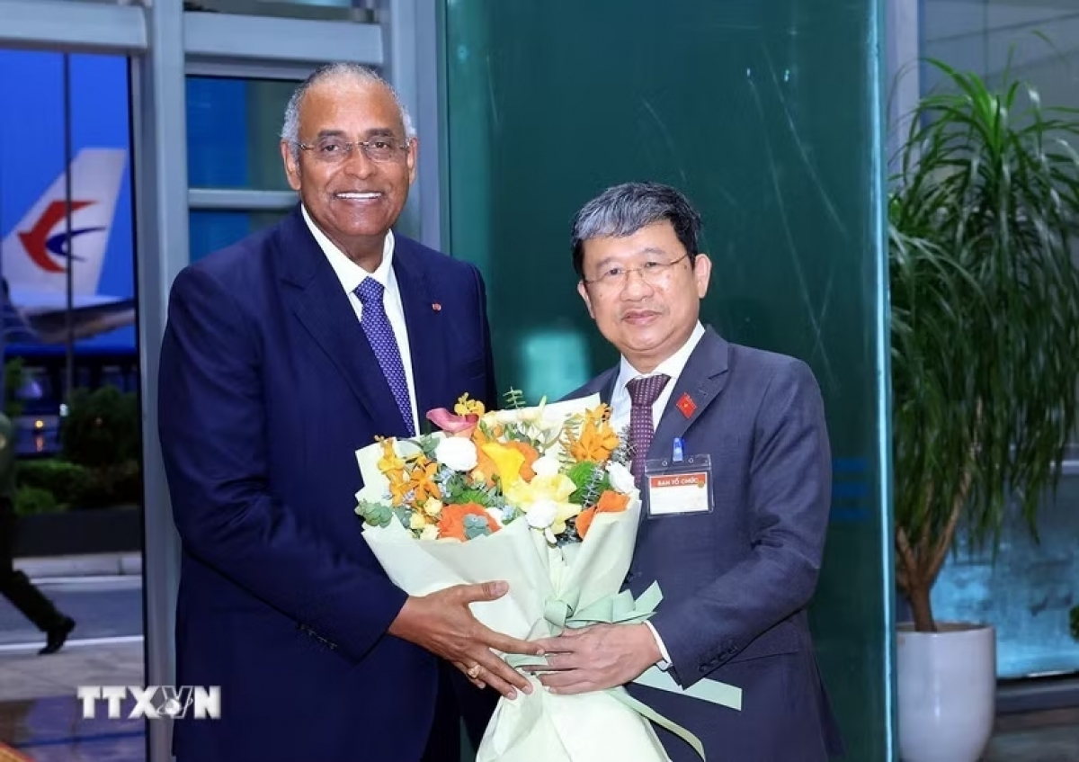 Phó Chủ nhiệm Thường trực Ủy ban Quốc phòng, An ninh và Đối ngoại Quốc hội Vũ Hải Hà đón Chủ tịch Quốc hội nước Cộng hòa Côte d’Ivoire Patrick Achi tại Sân bay quốc tế Nội Bài. Ảnh: Tuấn Anh/TTXVN