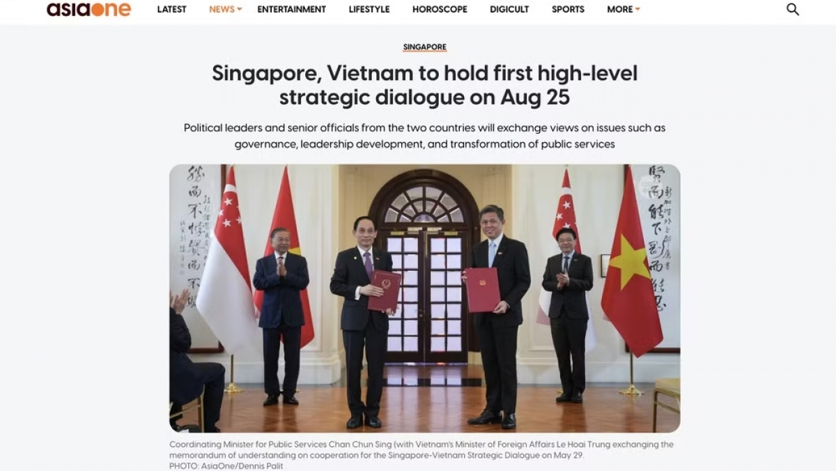 Trang AsiaOne đưa tin về chuyến thăm Singapore của Ủy viên Bộ Chính trị, Thường trực Ban Bí thư Trần Cẩm Tú. Ảnh chụp màn hình: nhandan.vn