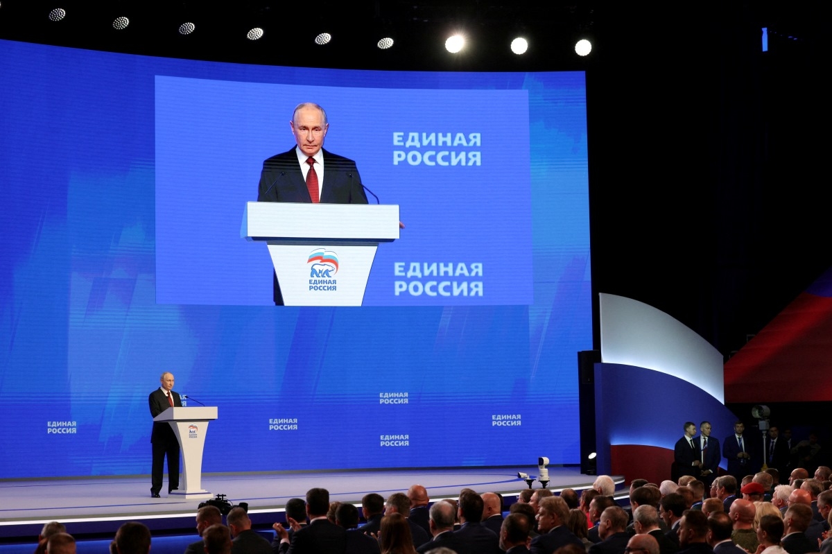 Президент России Владимир Путин выступает на съезде партии «Единая Россия».<br>
Фото: Sputnik/Gavriil Grigorov/Pool/REUTERS