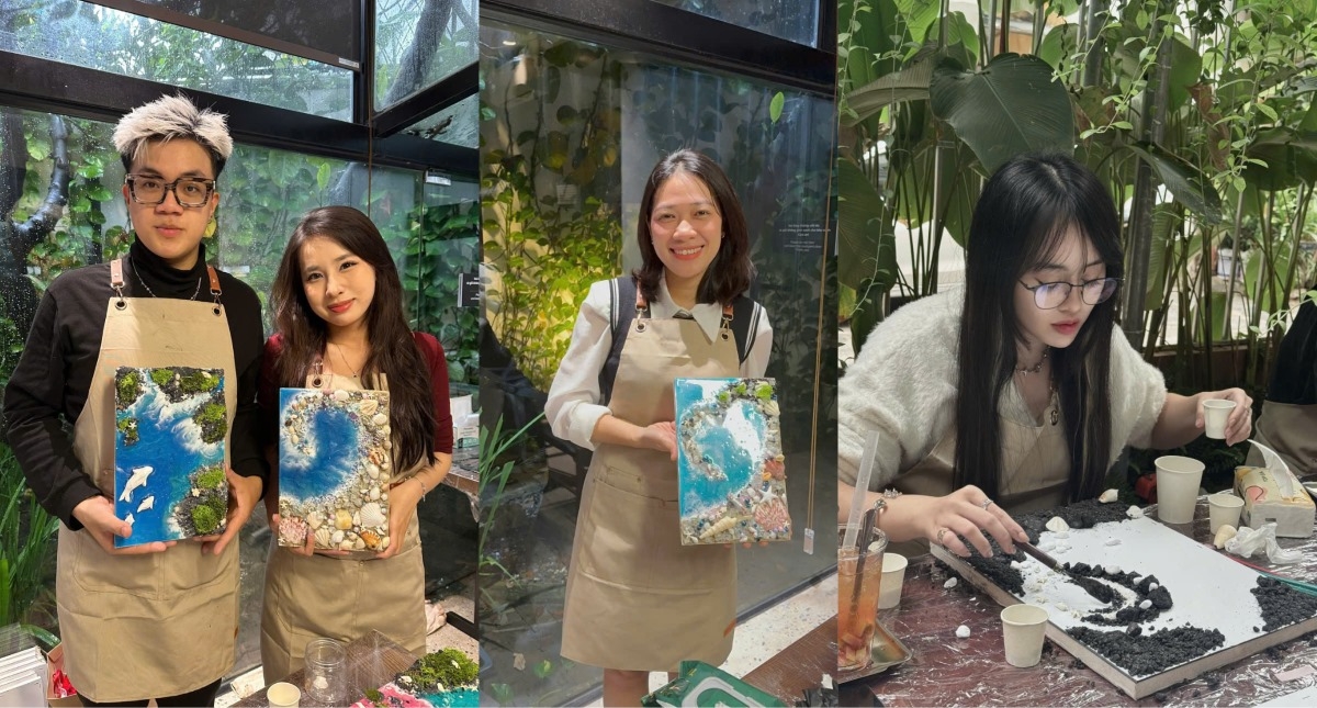 Les jeunes expérimentent avec enthousiasme la création de tableaux artistiques en 3D. Photo: Quynh Nhi