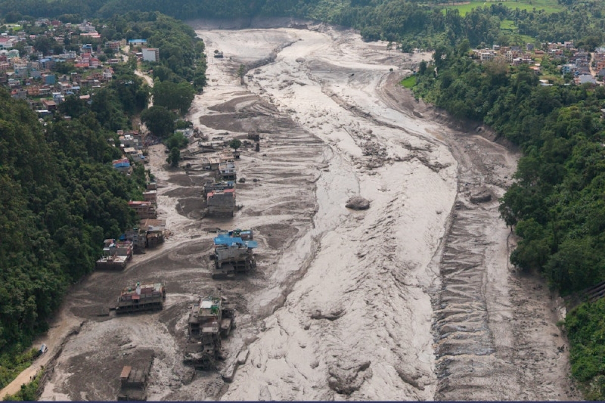 A drone view shows mud covering properties at Trishuli in Nuwakot district, Nepal, August 26, 2026. (Photo: REUTERS/Stringer)