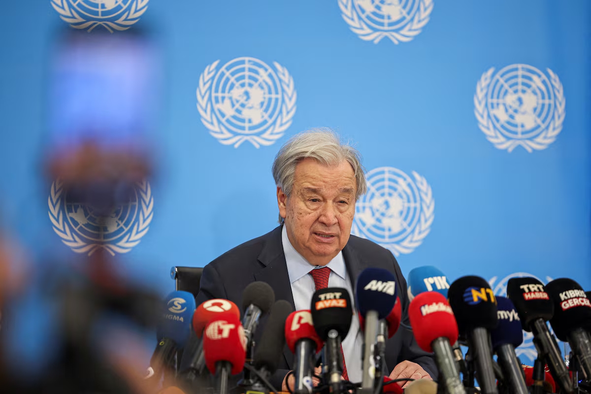 联合国秘书长古特雷斯7月29日出席新闻发布会。<br>
图片来源：REUTERS/Yiannis Kourtoglou。